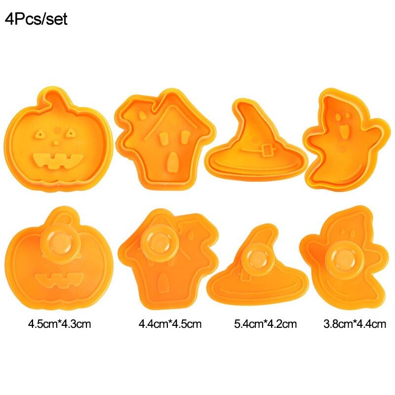 4pcs Halloween Party Decoration Pumpkin Ghost Theme Plastic Cookie Cutter Plunger Fondant Chocolate Mold Cake Decorating Tools