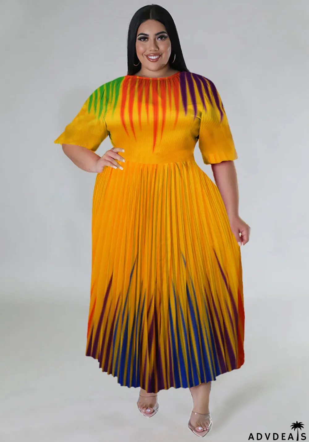 Plus Size Women's Digital Positioning Print Pleated Round Neck Long Casual Dress
