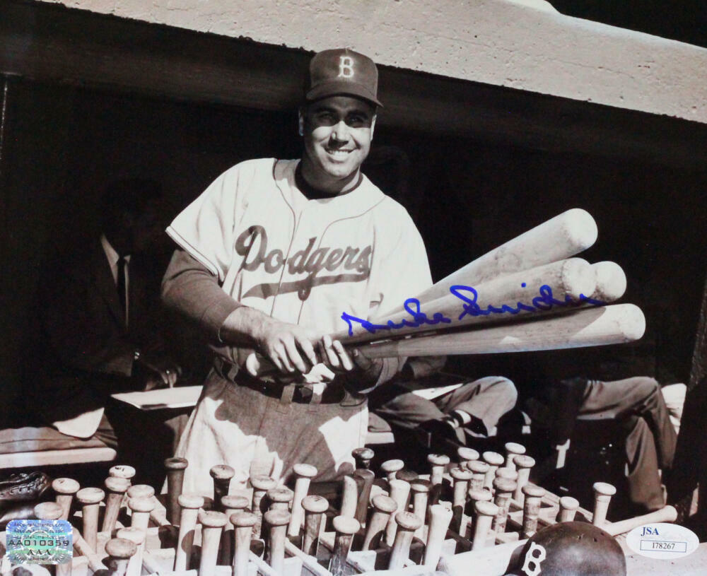 Duke Snider Autographed Dodgers 8x10 B&W Holding Bats Horizontal Photo Poster painting- JSA*Blue