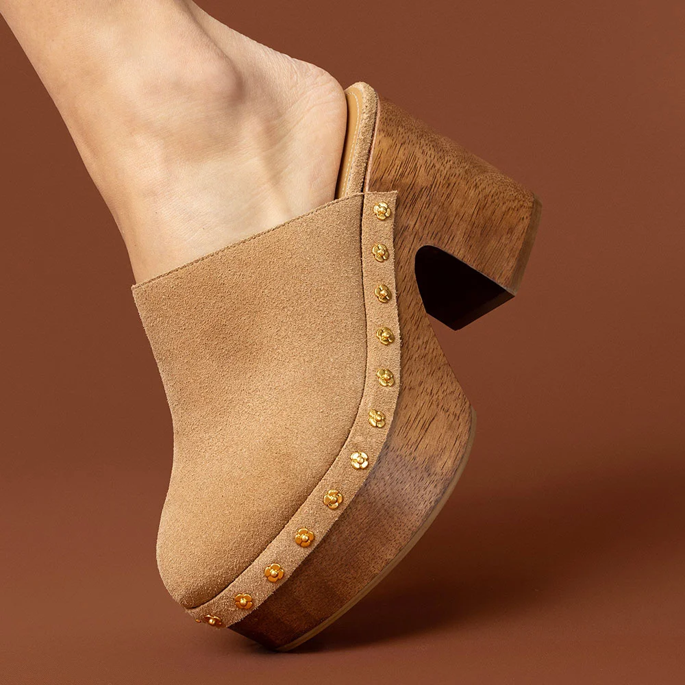 Vegan Suede Closed Round Toe Platform Studded Heeld Mules in Tan