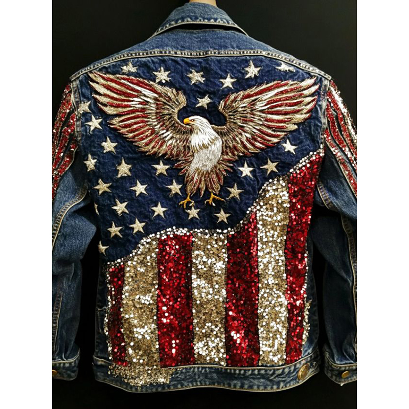 Comstylish Vintage American Flag And Eagle Sequined Denim Jacket