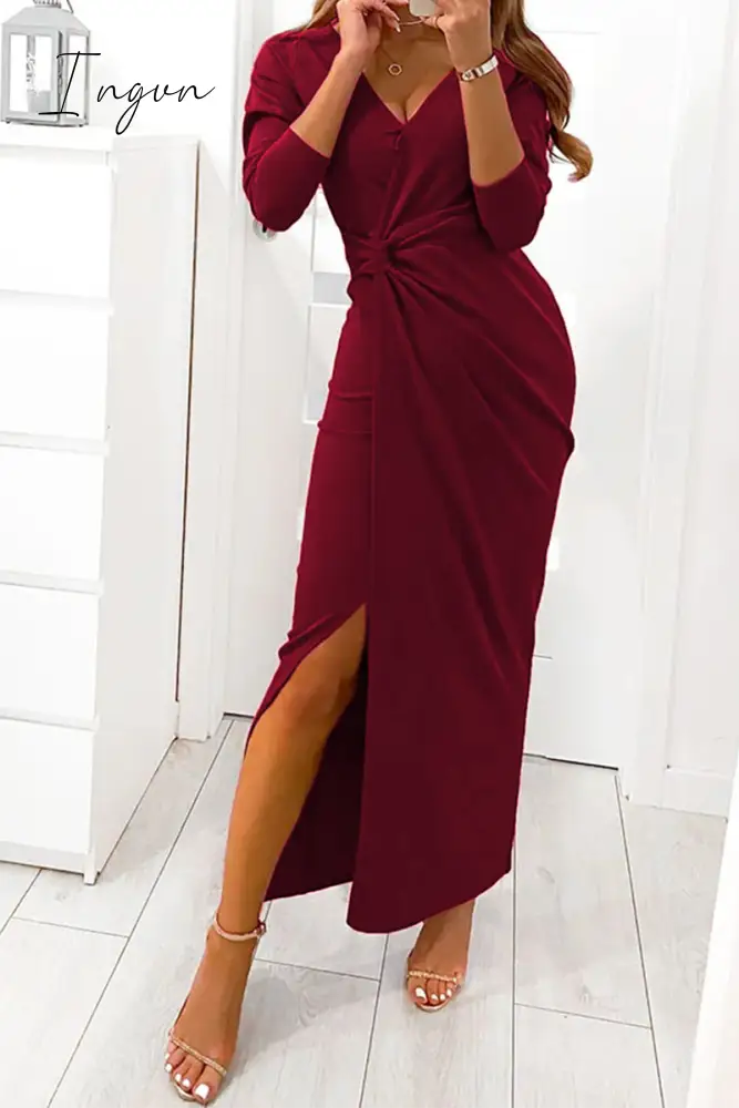 Ingvn - Elegant Solid Slit Fold V Neck Evening Dress Dresses(4 Colors) Burgundy / S Dresses/Maxi