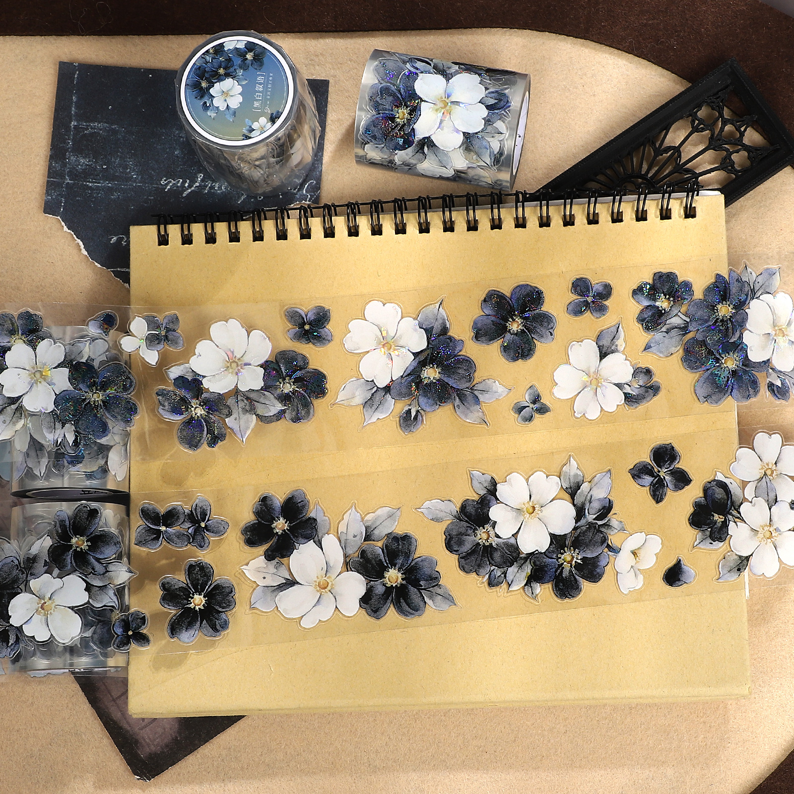 PET 테이프 - 5.5*600cm 흑백 내러티브 시리즈 빈티지 꽃