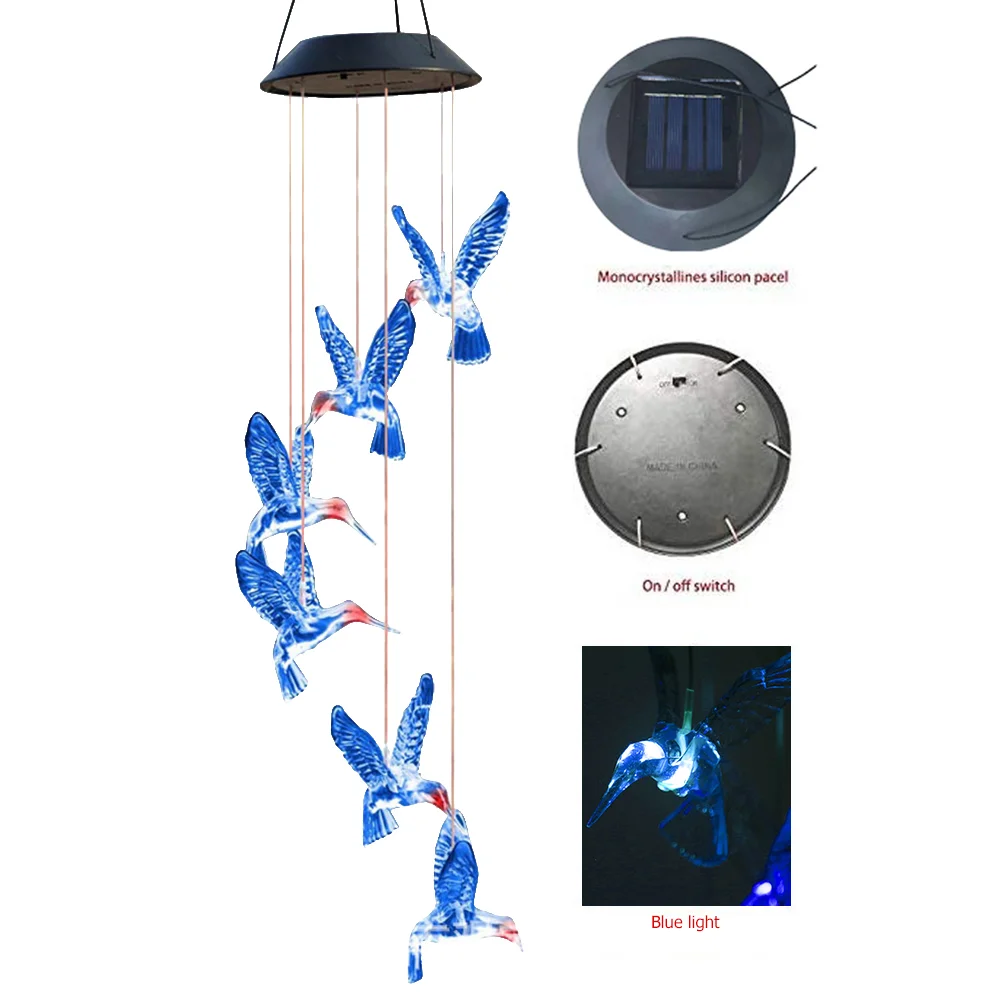 Solar LED Color Changing Wind Chime Lamps Hummingbird Pendant Lights (A)