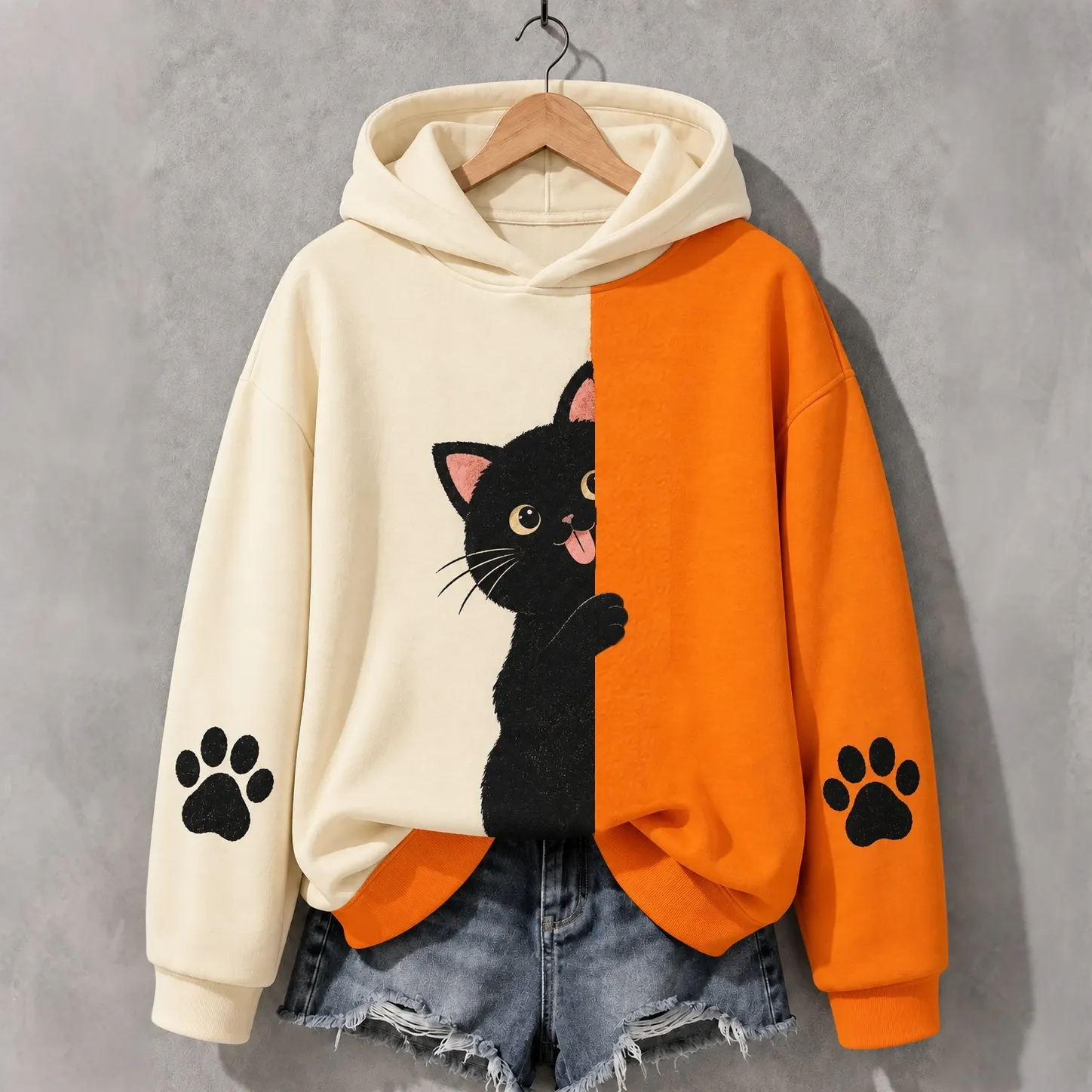 Comstylish Women's Naughty Peeking Black Cat Abstract Art Print Casual Hoodie