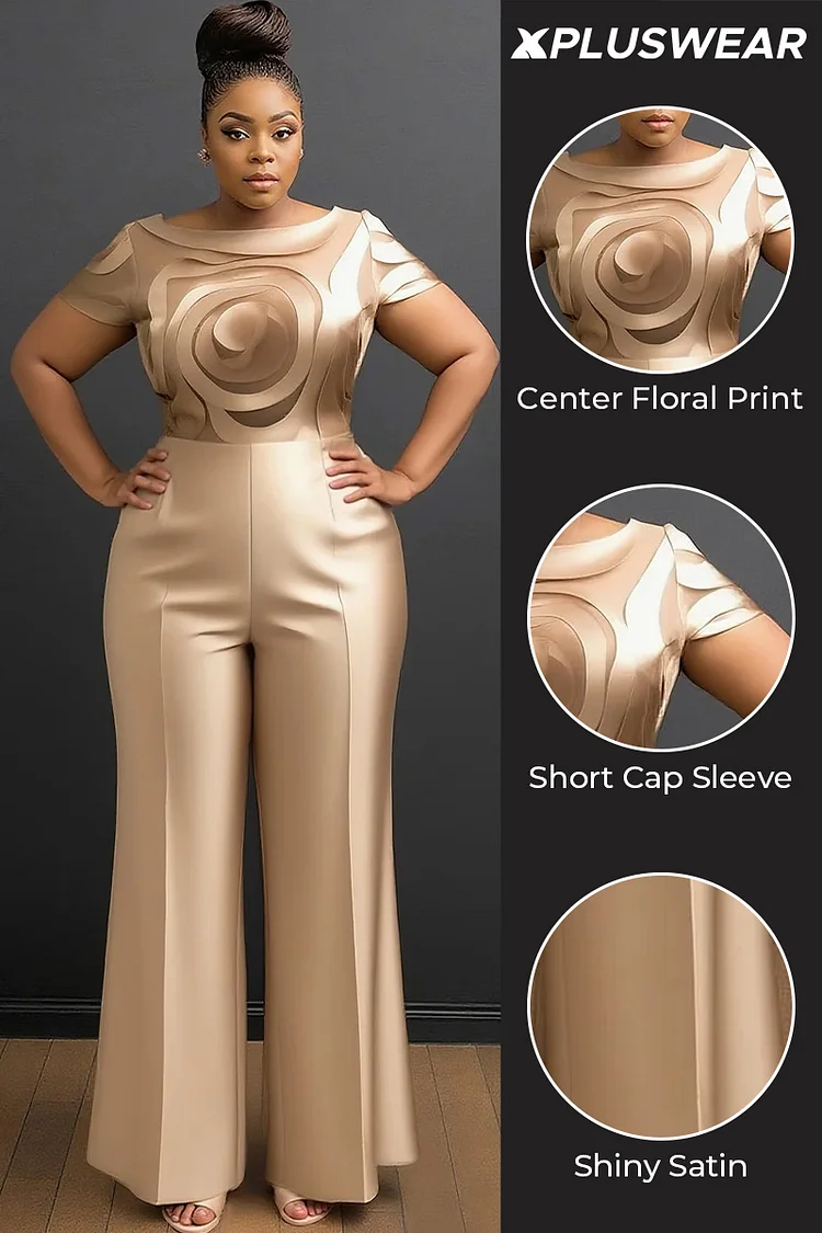 Xpluswear Design Plus Size Business Casual Champagne Floral Round Neck Cap Sleeve Short Sleeve Pocket Elegant Satin Jumpsuits [Pre-Order]