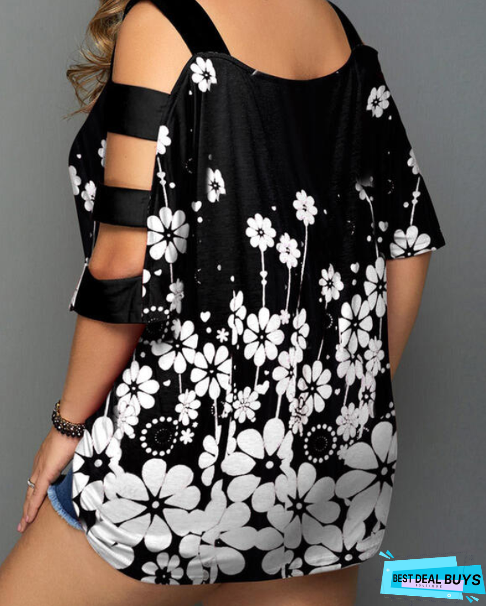 Print Floral Cold Shoulder 3/4 Sleeves Casual Plus Size Blouses