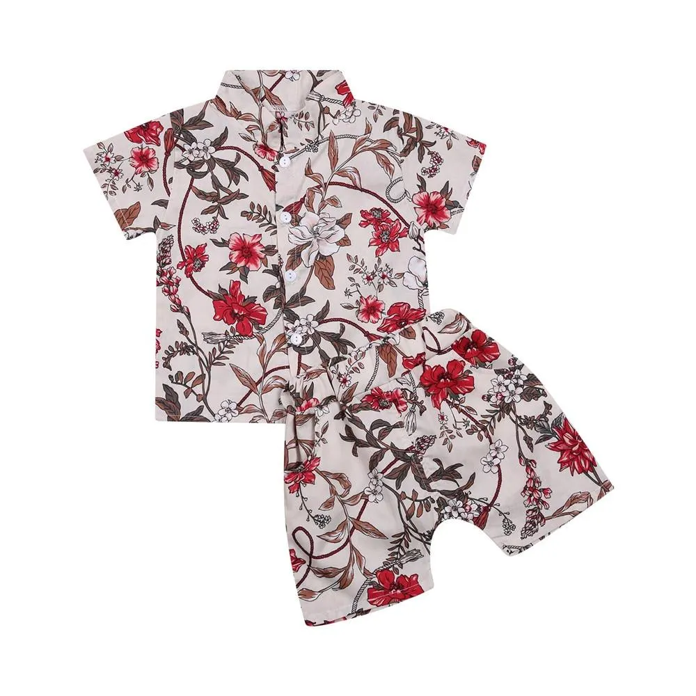 Infant Kids Boy Two Piece Set, Children's Lapel Short Sleeve Printed Shirt Elastic Waistband Shorts for Baby Summer