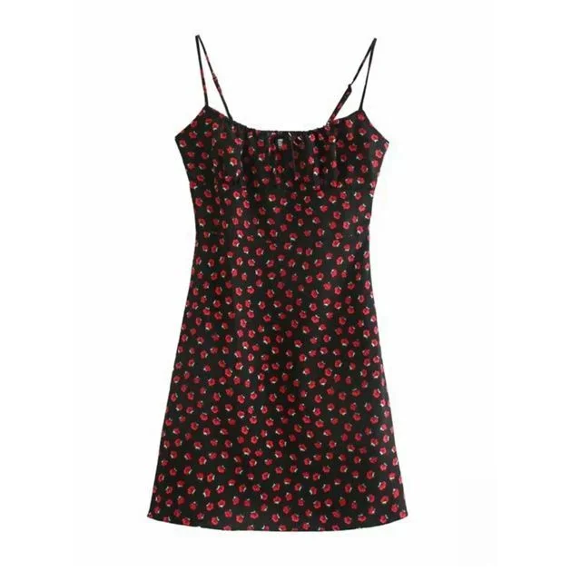 Spaghetti Dress Sleeveless Strap Floral / Print Midi Mini Slim-Fit Rose