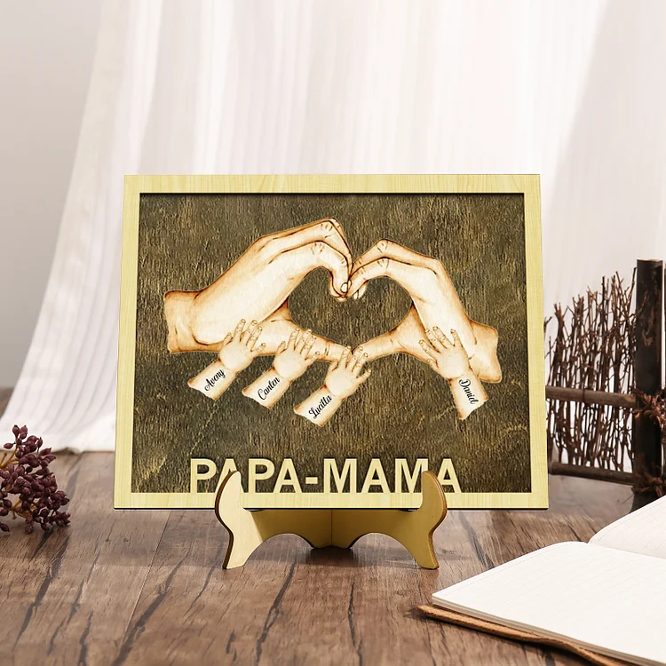 Kettenmachen PAPA-MAMA Holz Deko-Personalisierbare 4 Namen Ornament Familie Hand in Hand Holzdekoration für Eltern