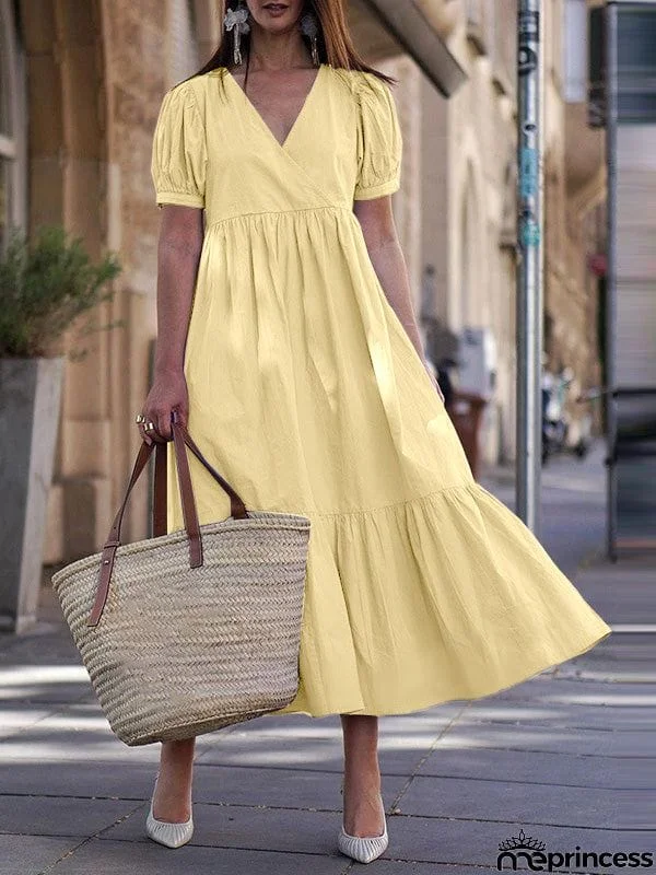 Women's Dresses Loose Solid V-Neck Short Sleeve Dress