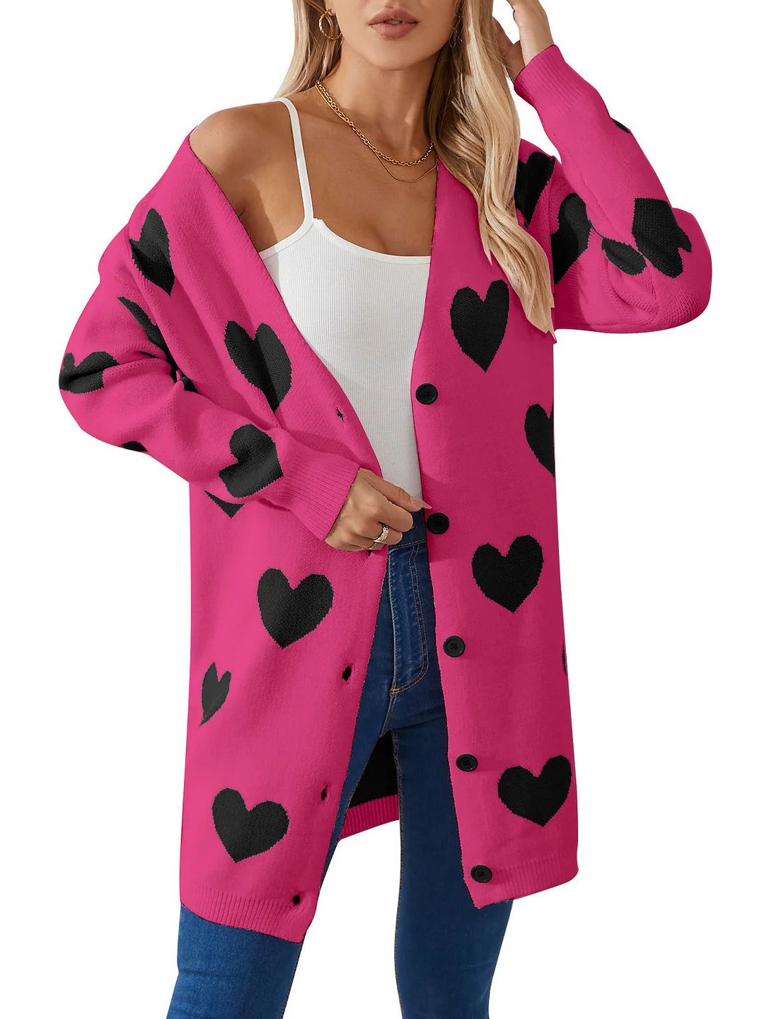Athvotar Athvotar New Valentine's Day Love Knitted Cardigan V-Neck Button Long Coat Sweater Woman