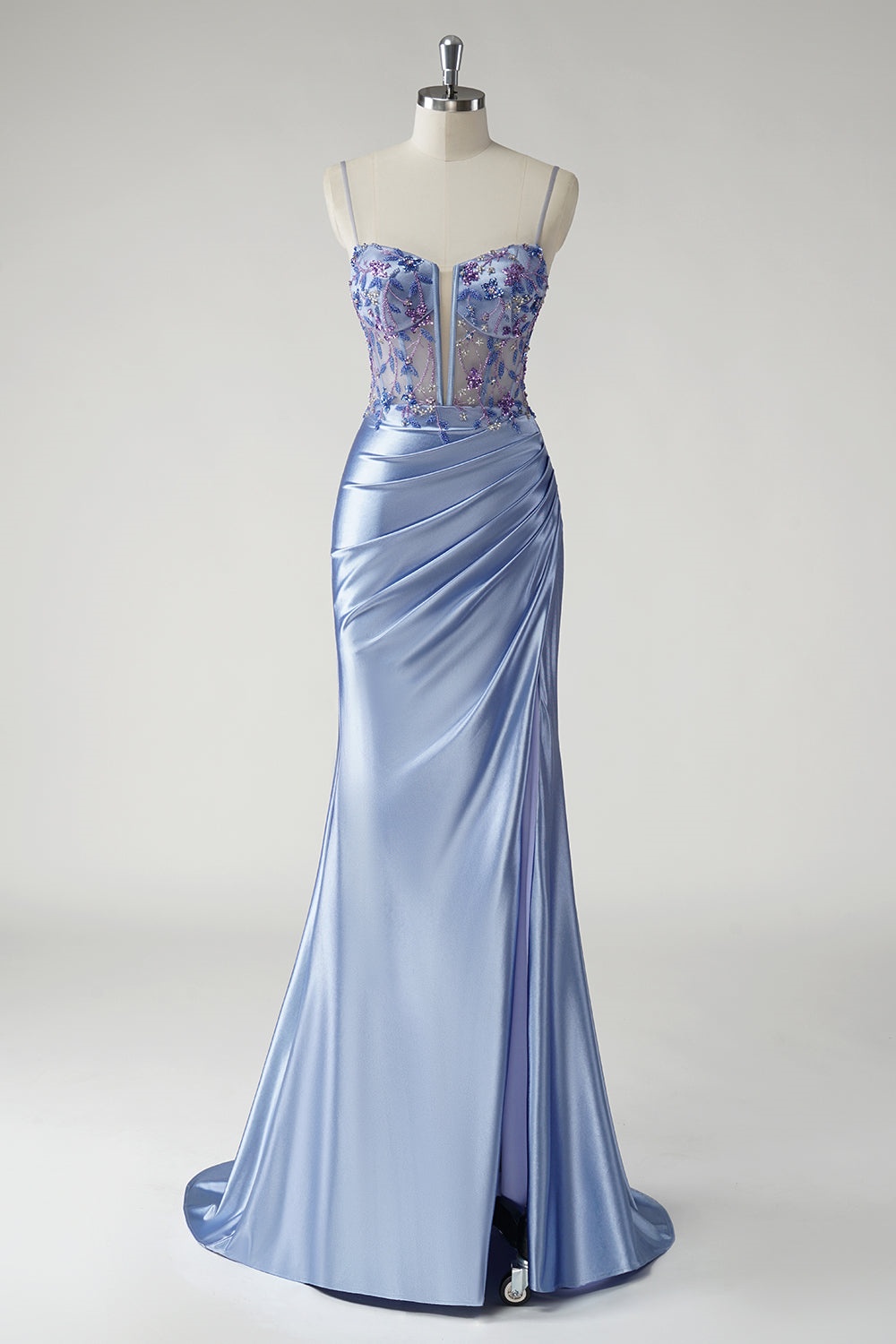 Ovlias Romantic Spaghetti Strap Applique Beaded Split Mermaid Prom Dress LY0602