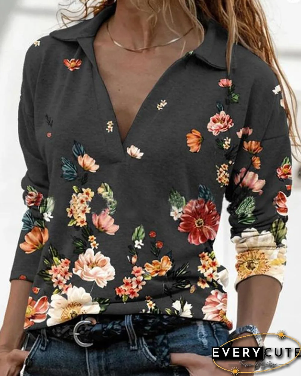 Women Printed Long Sleeve V Neck Shirts