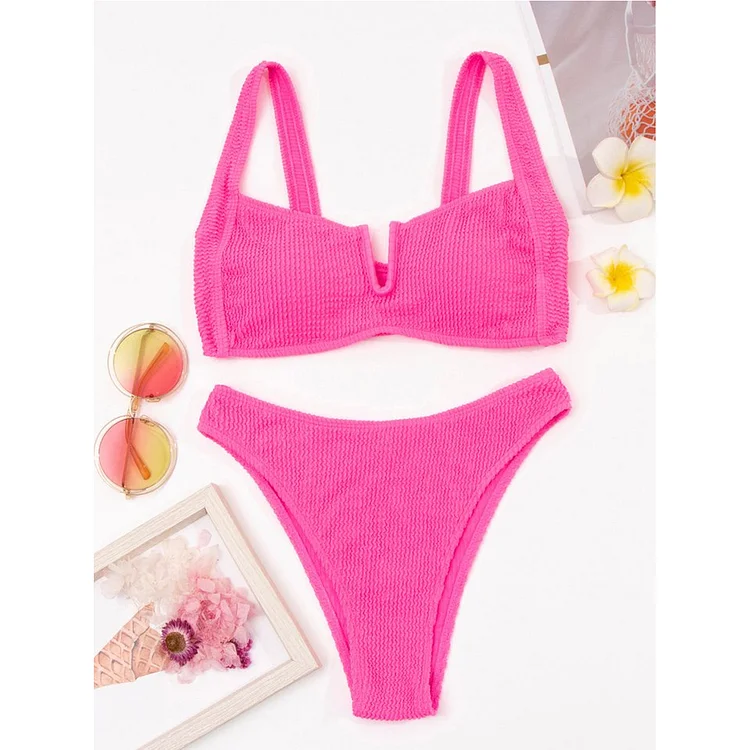 Flaxmaker V Neck Crinkle Solid Color Bikini Swimsuit