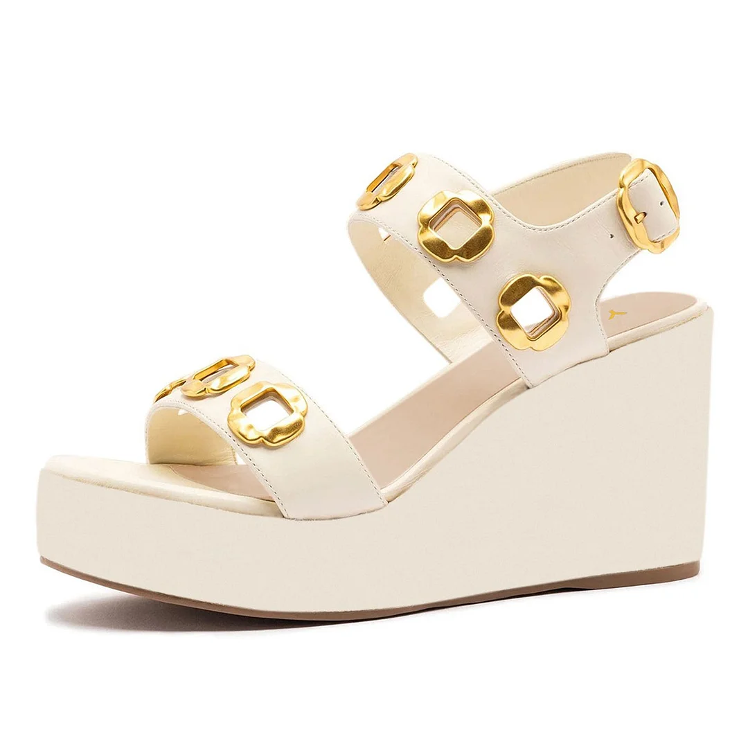 Round Toe Wedge Heel Metal Decor White Sandals for Women with Buckle