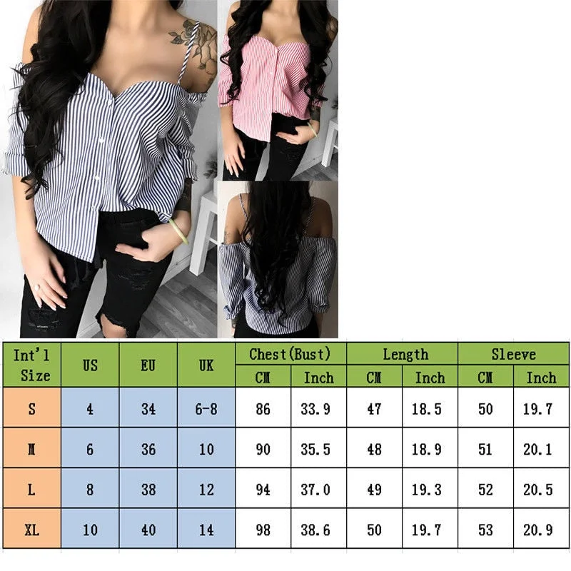Sexy Stripe Blouse Women Autumn Long Sleeved Shirts Tops Fashion Off Shoulder Button Blouses Strapless Slash Neck Blouse Clothes