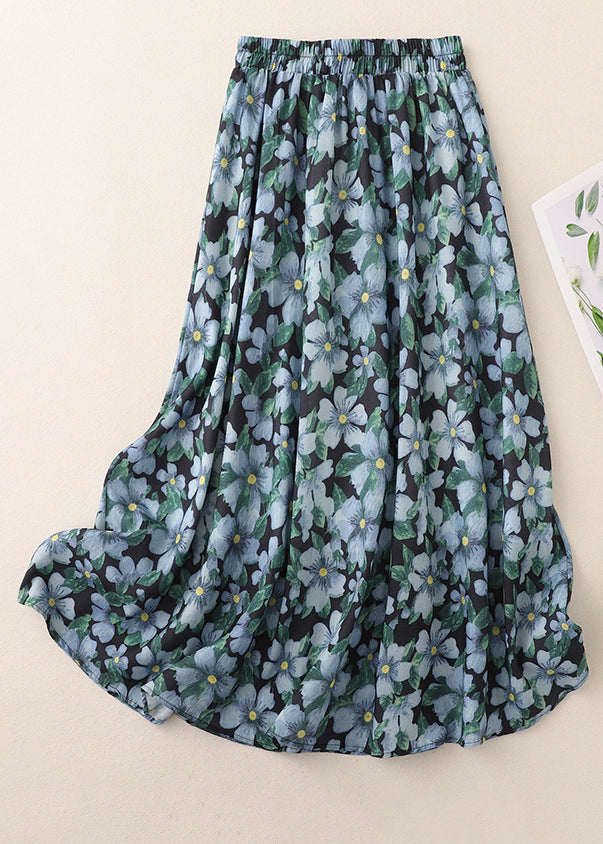 VCSHOES Blue Print Elastic Waist Cotton Skirts Summer