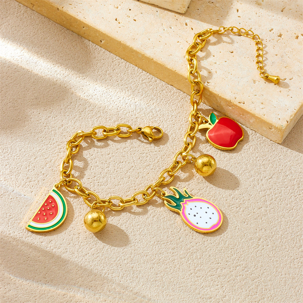 Cute Cartoon Fruit Oil Drop Accessories Dragon Fruit Watermelon Apple Pendant Chain Stainless Steel Bracelet Crystal
