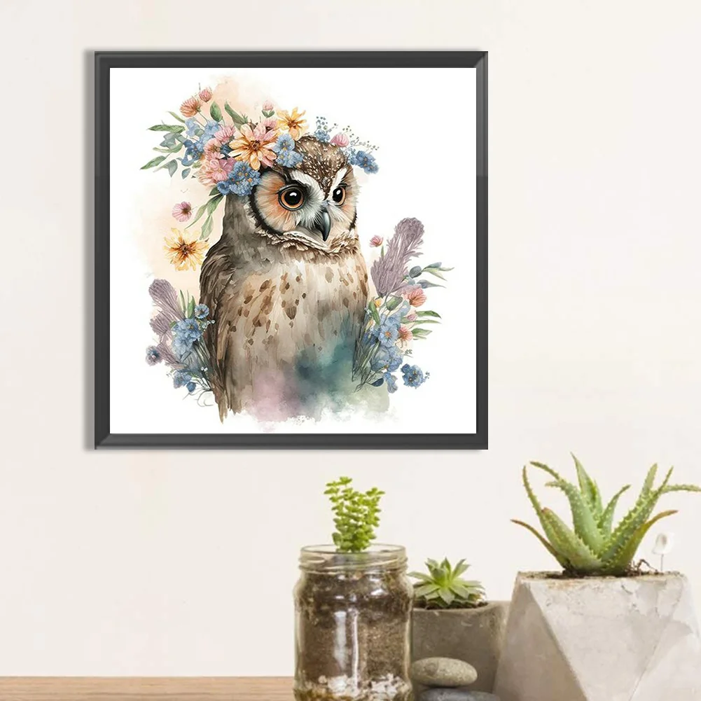 Full Round Diamond Painting 30*30cm - Owl And Flowers
