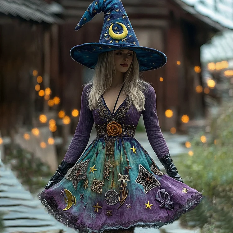 Women's Halloween Gradient Tarot Star Moon Witch Midi Dress