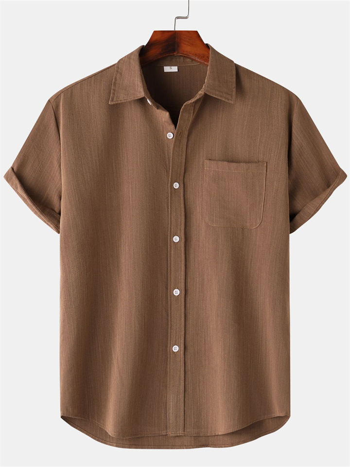 Hot Summer Lapel Solid Color Short Sleeve Button Men's Linen Shirt