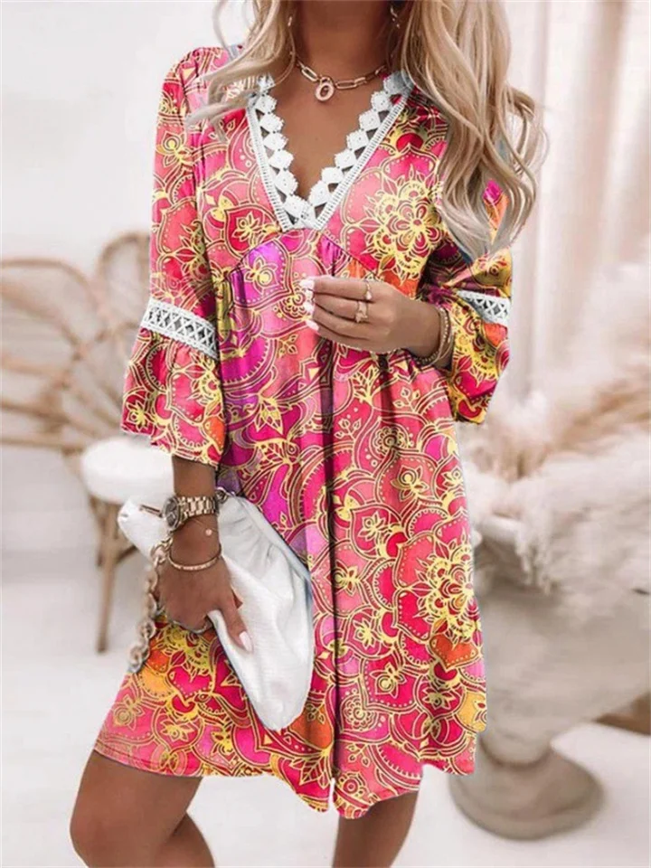 V-neck Print Lace Splicing Bohemian Wind Casual Resort Style Dress-Cosfine