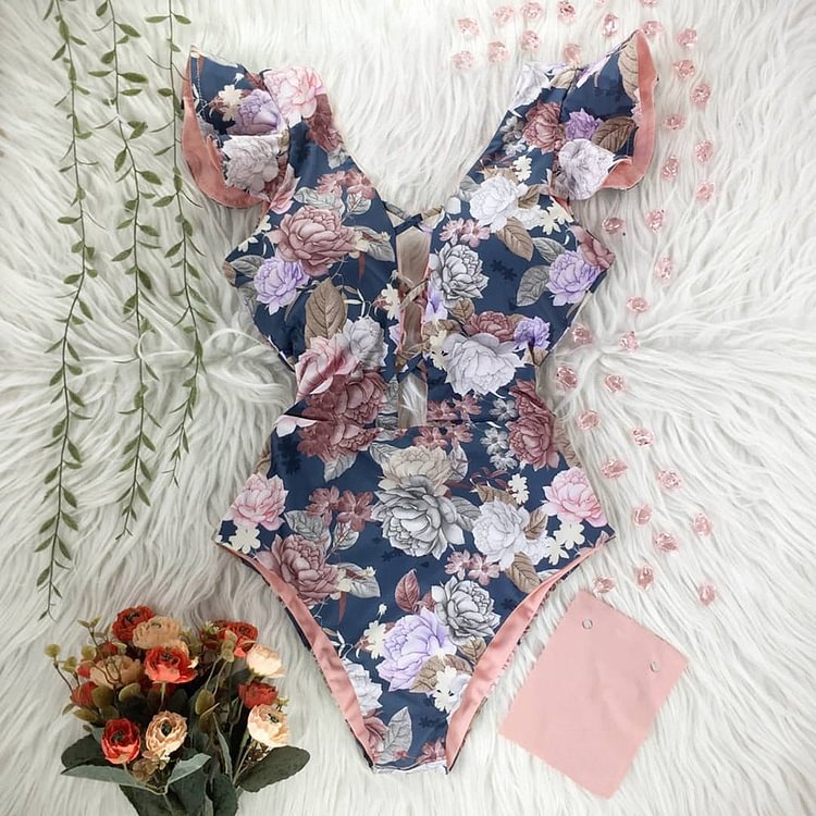 Flaxmaker Ruffle Sexy Deep V Floral One Piece Swimsuit