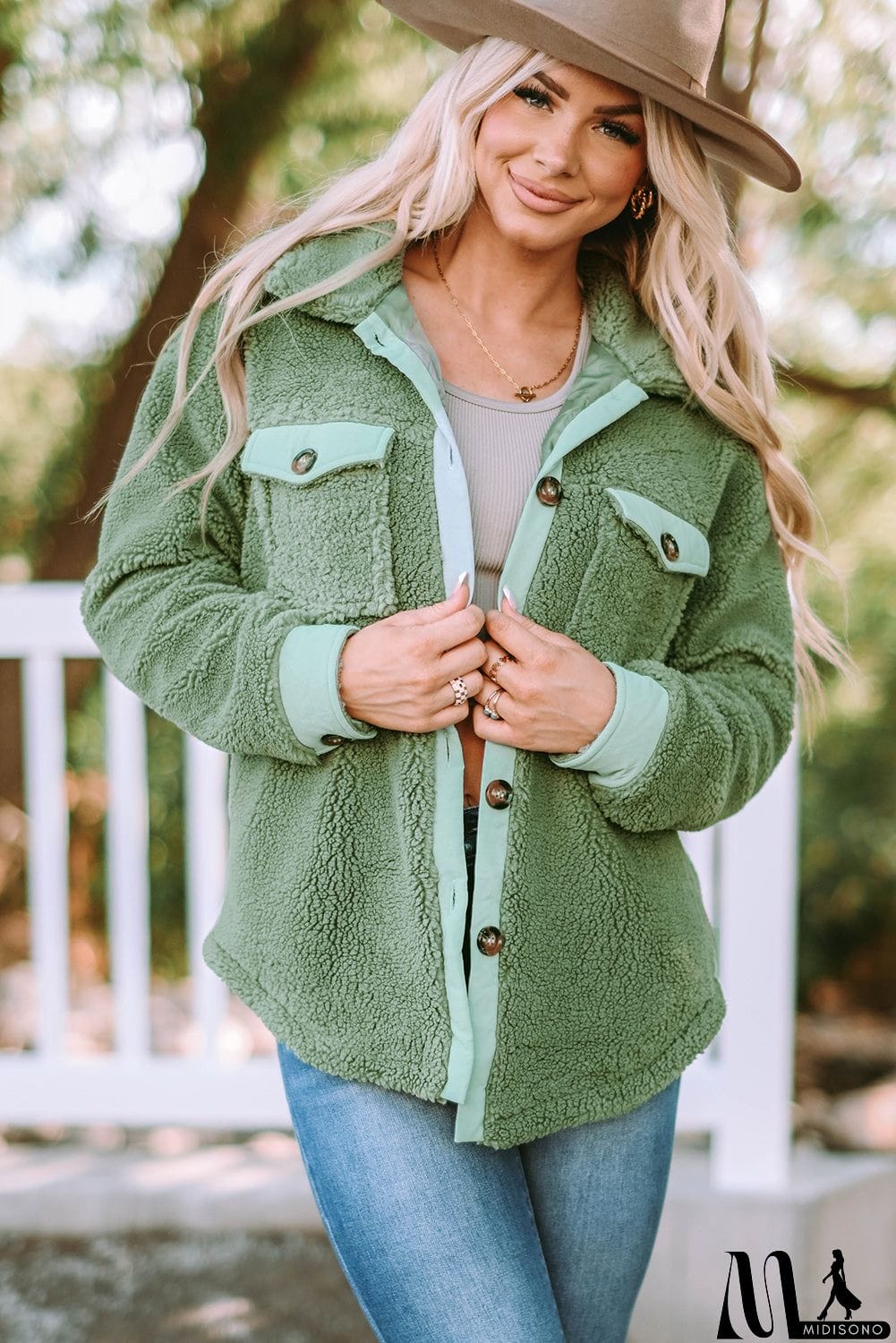 MidiSono - Flap Pocket Button Up Fleece Jacket