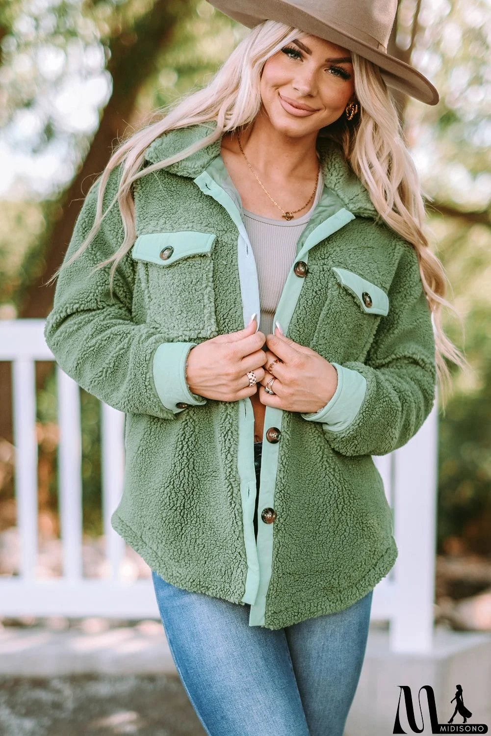 MidiSono - Flap Pocket Button Up Fleece Jacket