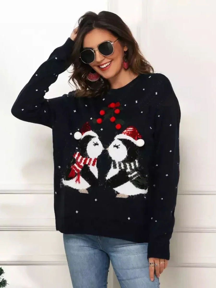 Women's Sweater Penguin Jacquard Loose long-sleeve Christmas Pullover