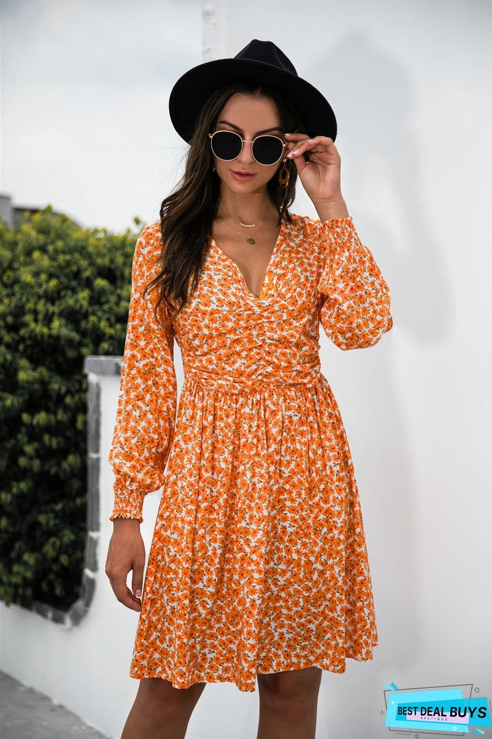 V-Neck Floral Long Sleeve Dress