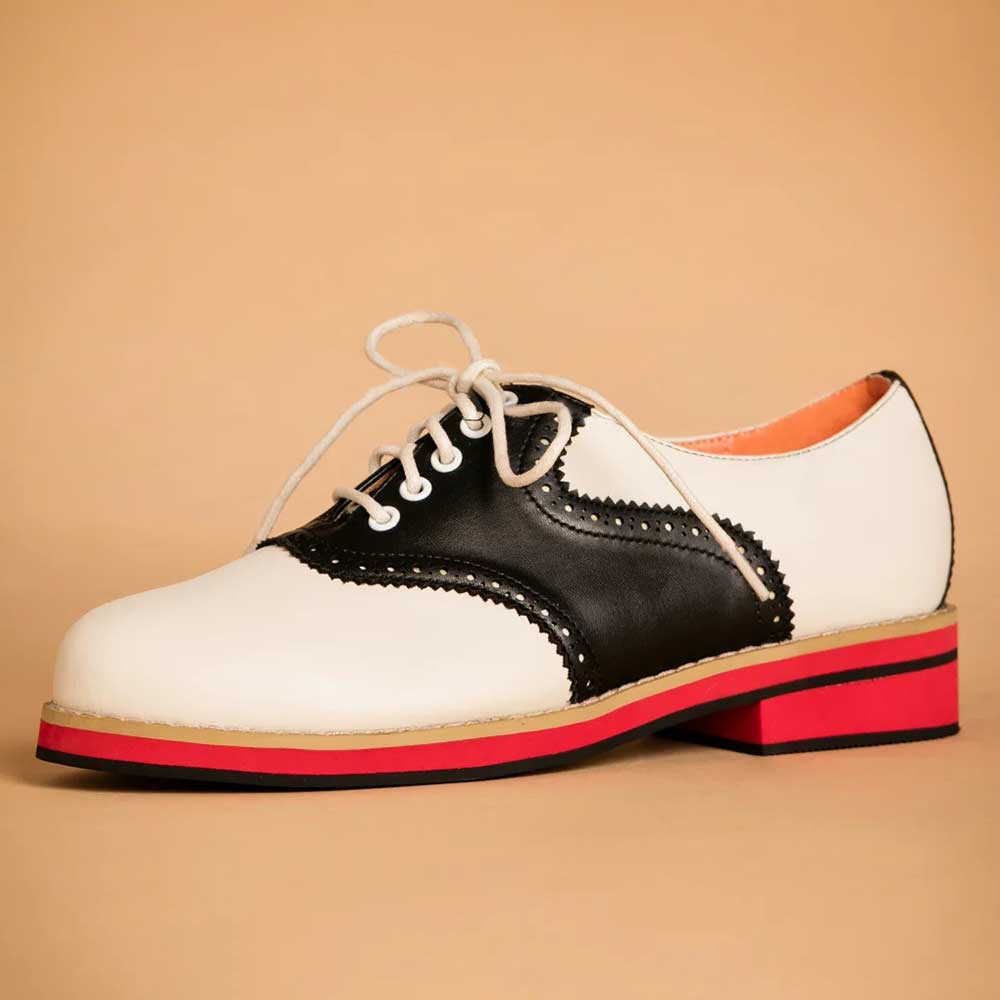 Black & White Vegan Leather Round Toe Lace Up Oxford Flats Nicepairs