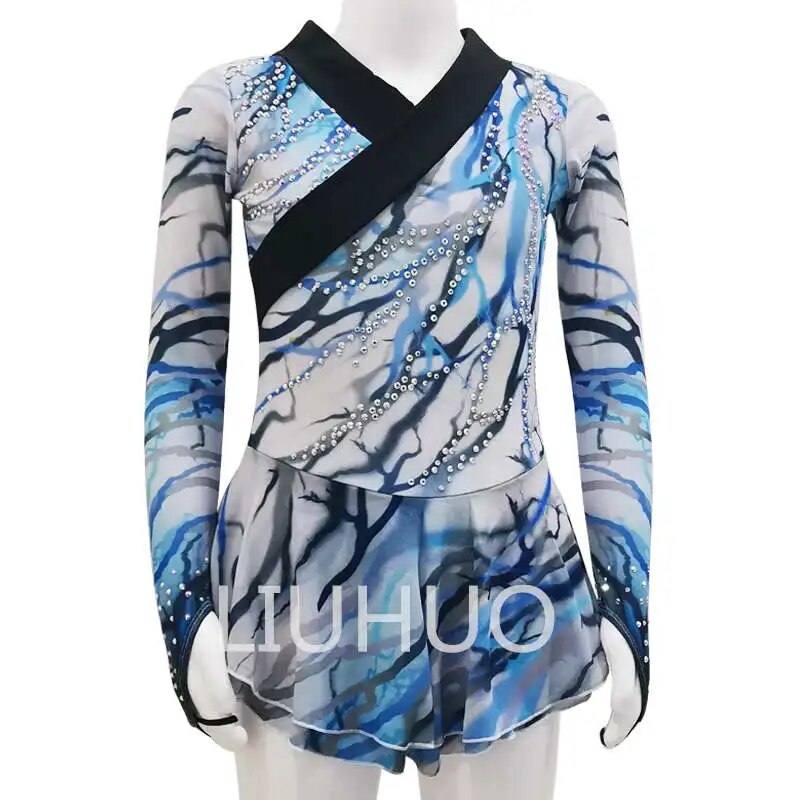 Figure Skating Blue Diamond Competition Dance Skating Dress Long Dress Blue Pattern Skating Dress