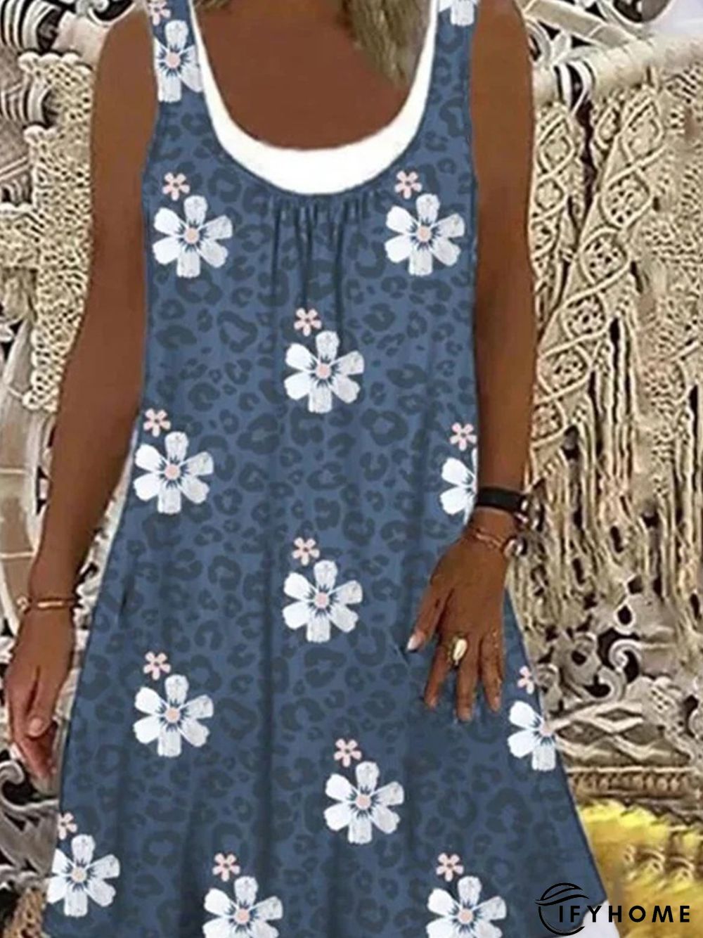 Floral Casual Patchwork Loosen Sleeveless A-line Dress | IFYHOME
