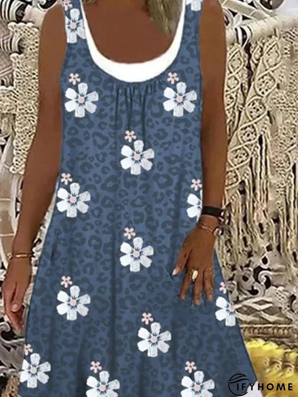 Floral Casual Patchwork Loosen Sleeveless A-line Dress | IFYHOME