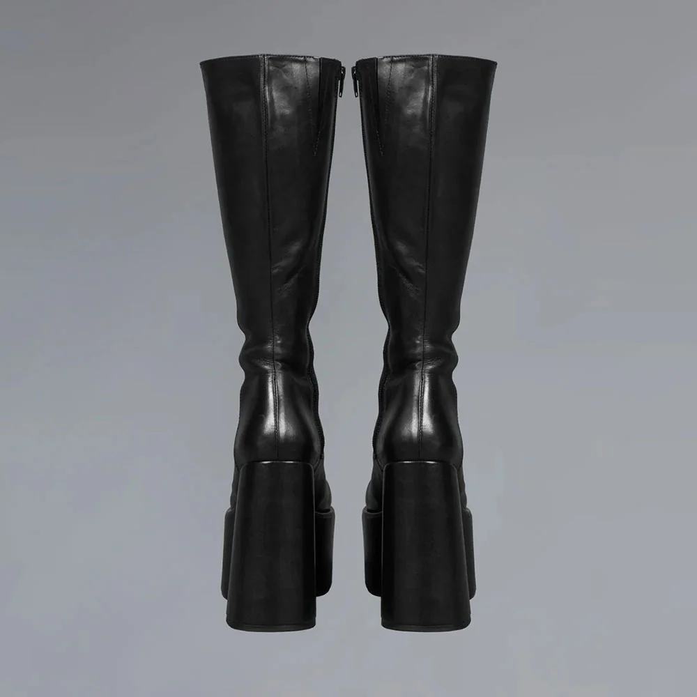 Black Round Toe Chunky High Heel Zipper Platfrom Boots Women