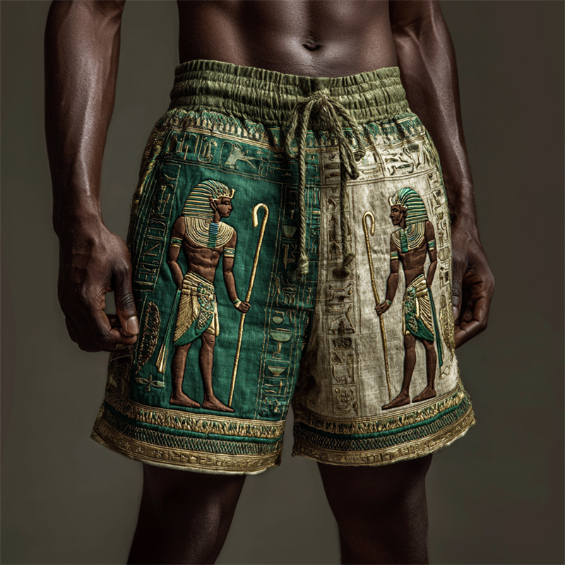 Comstylish Ancient Egyptian Osiris Runes Embroidered Contrast Linen Shorts
