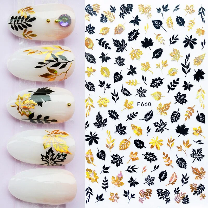 Harunouta Slider Design 3D Black People Silhouettes Blooming Nail Stickers Gold Bronzing Leaf Flower Nail Foils Decoration-Nail Inspo