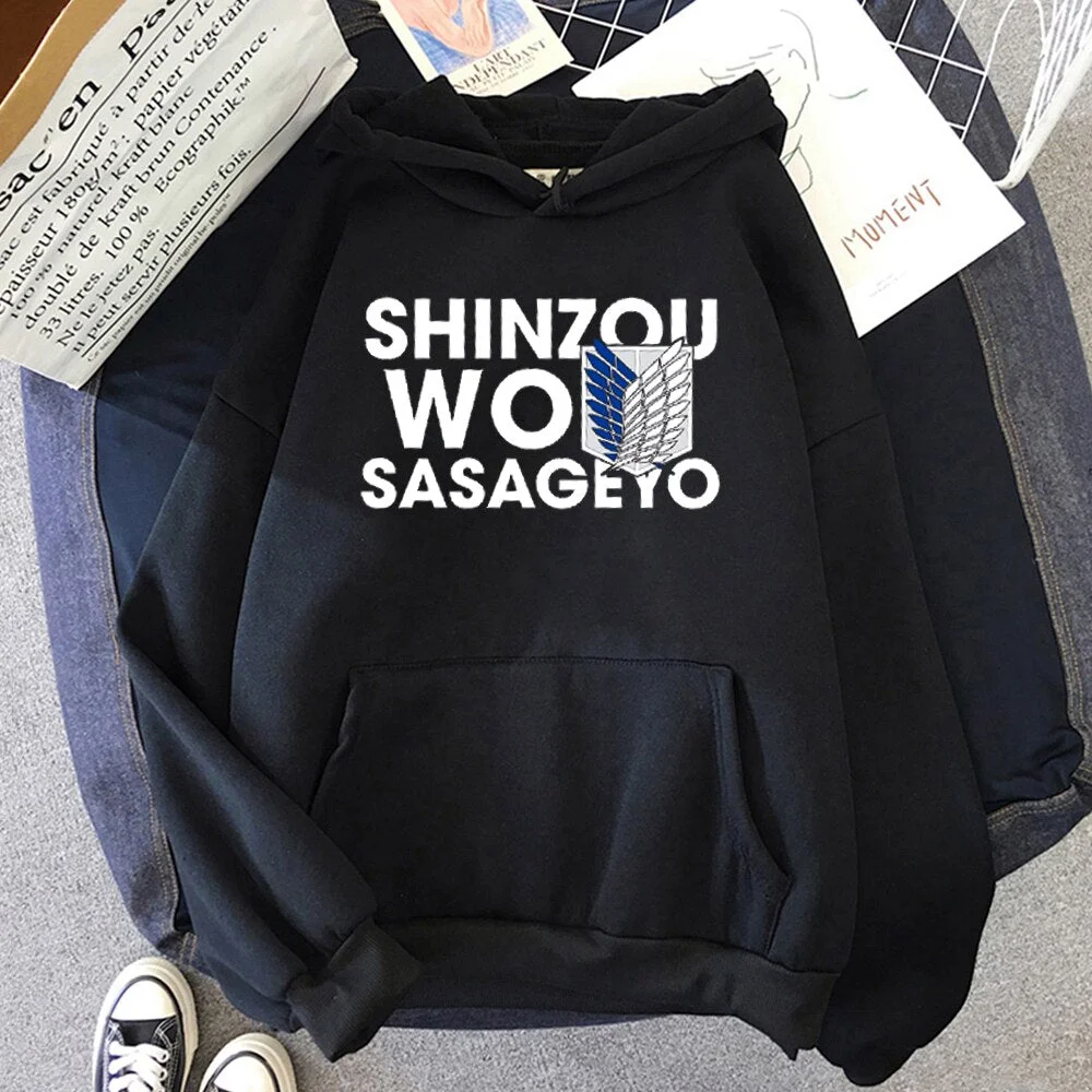 Attack on Titan Hoodies Harajuku Hoodies Womens Men Hip Hop  SHINZOU WO SASAGEYO Print Sweatshirt Hip Hop Unisex Streetwear