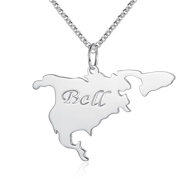 Personalized North America Continent Map Pendant Necklace Engraved with 1 Name, Custom Necklaces with Name