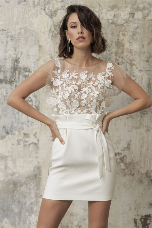 Oknass Short Applique Bateau Belt Wedding Dress With Pocket