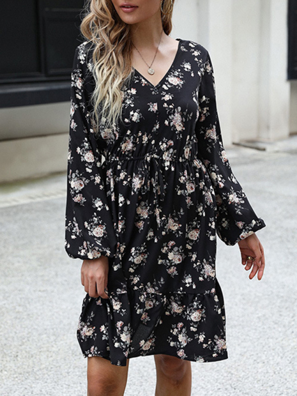 Mature Women Casual Summer Printed Long Sleeve V Neck Black Dress