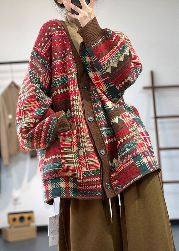 VCSHOES Red V Neck Print Pockets Knit Loose Cardigan Winter
