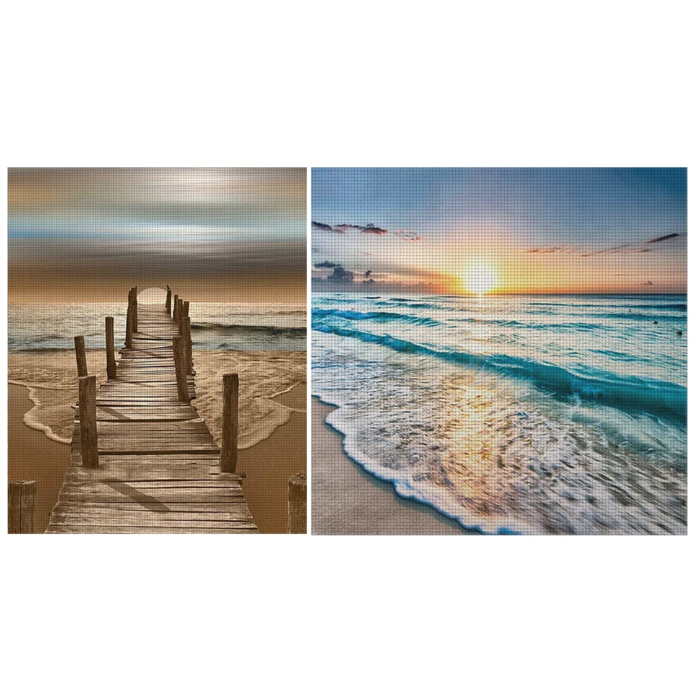 (2pcs)11CT Full Stamped Cross Stitch - Seaside(Canvas|40*40CM)/(Canvas|36*46CM)