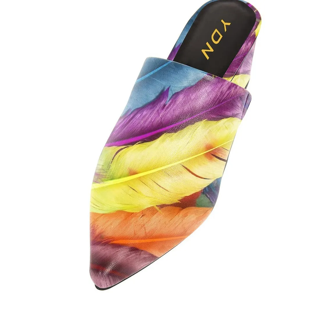 Multicolor Pointed Toe Block Heel Mules Shoes with Feather Print
