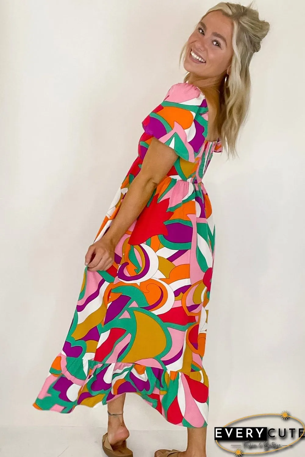 Red Abstract Print Square Neck Flowy Midi Dress