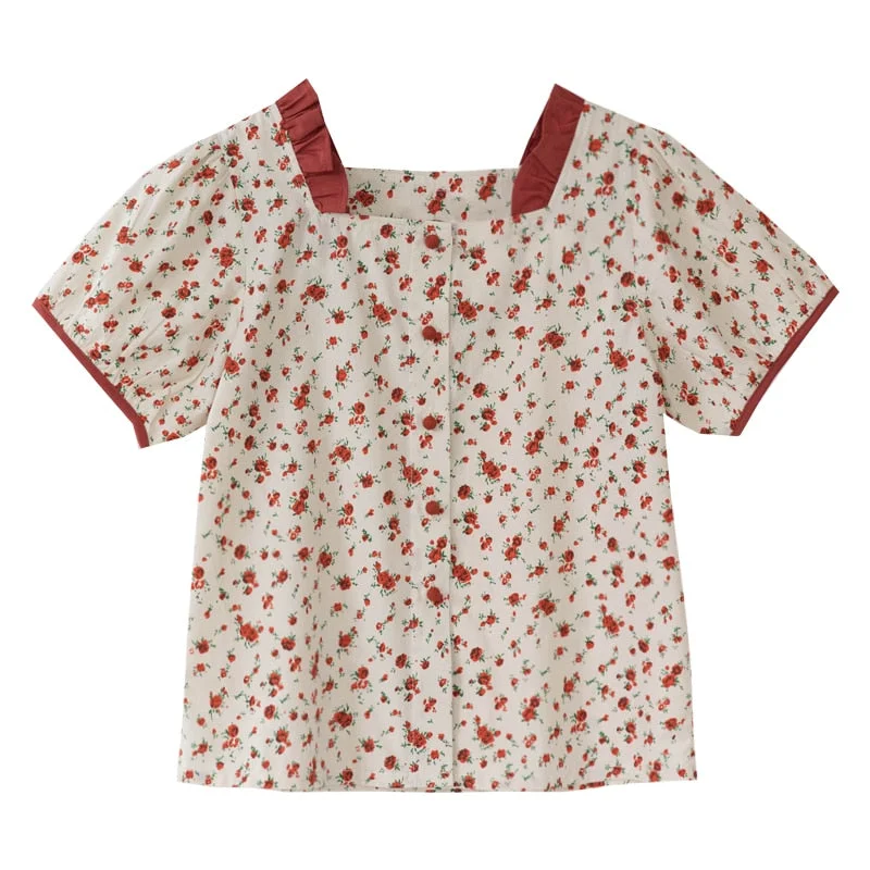 Shirts Women Floral Ruffles Retro Chic French Short Sleeve Cute Tunic Top Ulzzang Holiday Fashion Womens Girls Summer Daily Soft