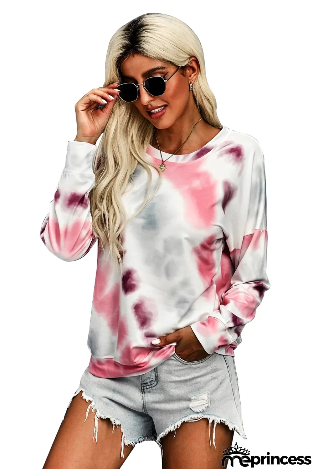 Pink Casual Tie-dye Round Neck Sweatshirt
