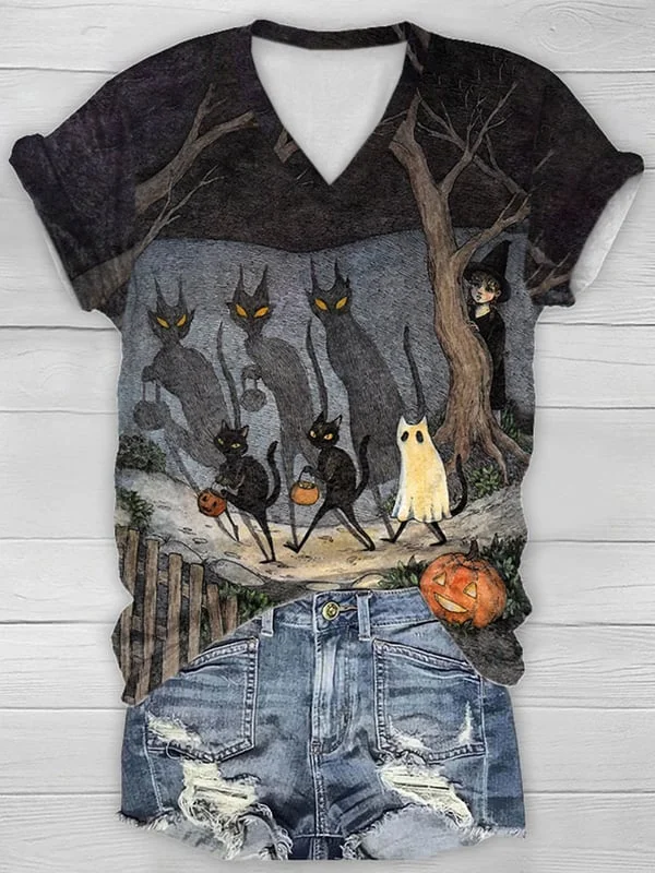 Retro V-neck Halloween Pumpkin Black Cat Ghost Print Shirt socialshop